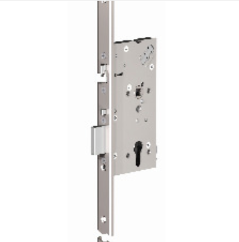 A metal mortise lock mechanism for a door, featuring a latch, a deadbolt, and a rectangular faceplate.