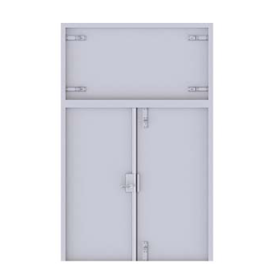 A light gray double door with a horizontal transom window above, featuring visible hinges and a central metal handle.