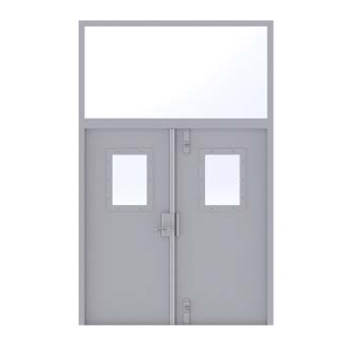 A light gray double door with a horizontal rectangular window above and square windows in each door panel.