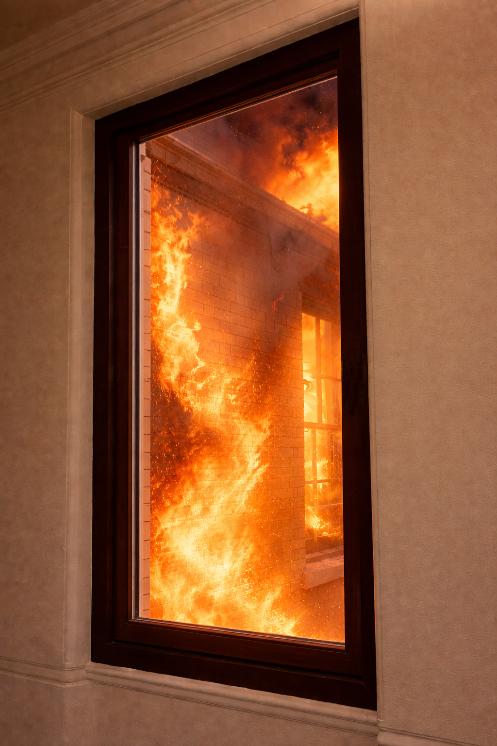A view through a window showing a bright, intense fire burning inside the adjacent building.