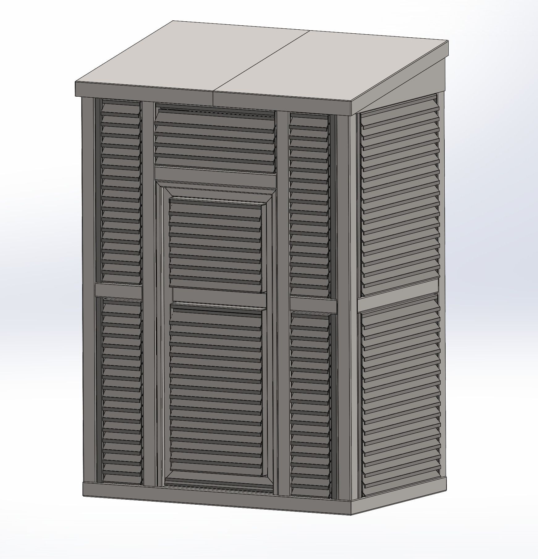 A gray 3D CAD model of a rectangular storage shed with louvered walls and a slanted roof.