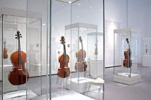 Several wooden string instruments displayed in individual glass cases within a well-lit museum gallery.