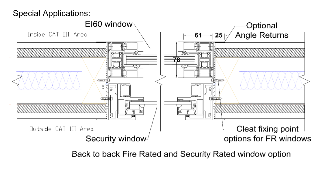 Technical drawing showing a cross-section of a back-to-back fire-rated and security-rated window installation detail.