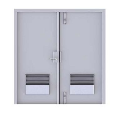Light gray double metal doors with inset horizontal louvers and a center handle, set within a simple door frame.