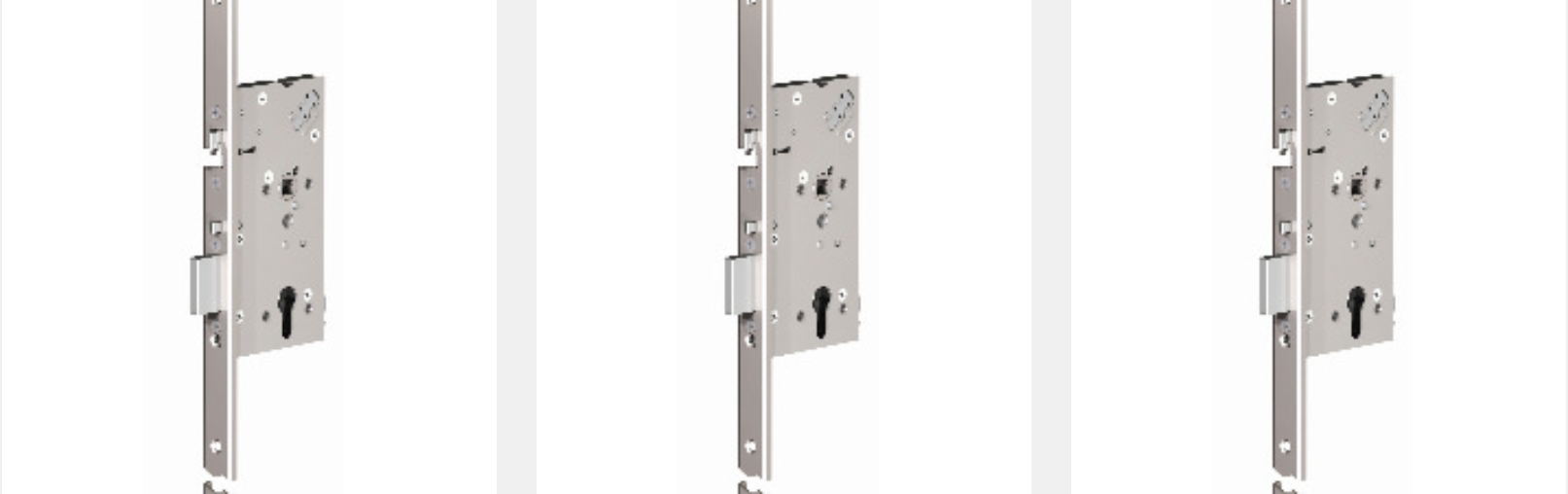 Three identical metal mortise locks for doors, shown side-by-side against a plain background.