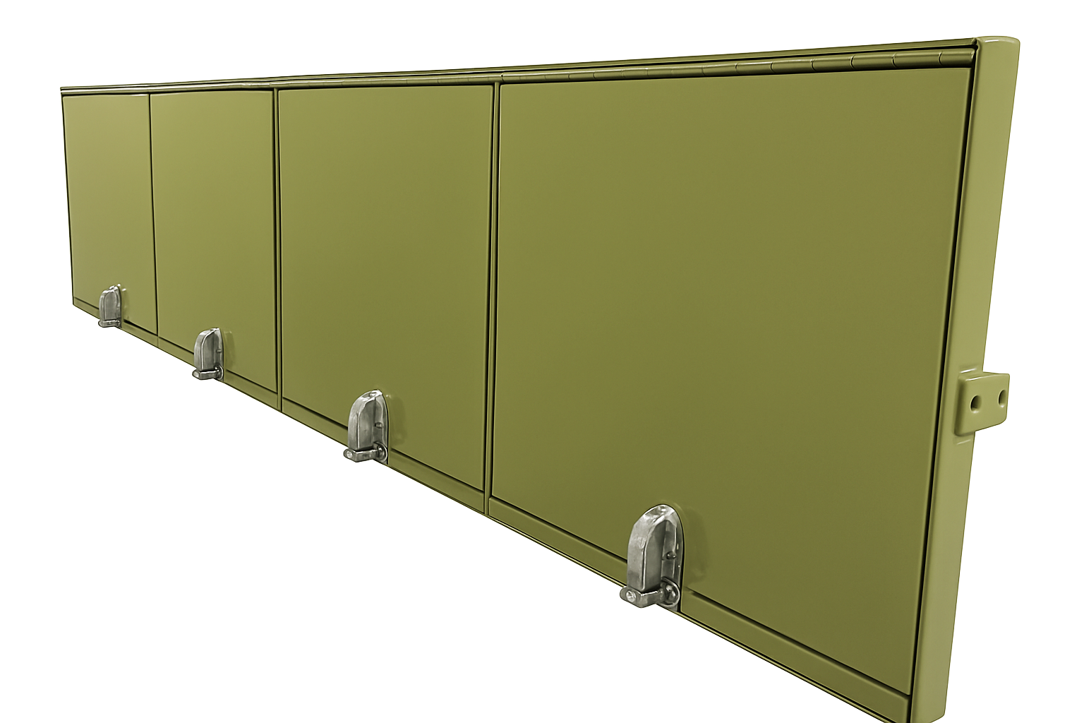 A row of four olive-green, hinged metal panels connected by industrial metal hardware.