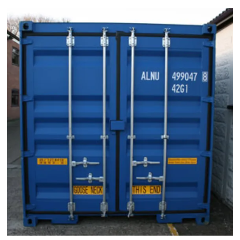 A blue shipping container stands outdoors, showing its dual doors, vertical locking bars, and identification markings.