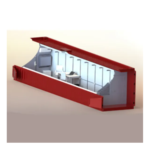 A cutaway view of a long, red modular container unit containing a desk, chair, and interior office equipment.