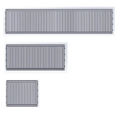Three gray corrugated rectangular shipping containers of varying lengths stacked vertically, largest to smallest.