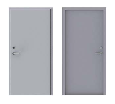Two gray interior doors side-by-side, each featuring a metal handle and a circular lock mechanism.