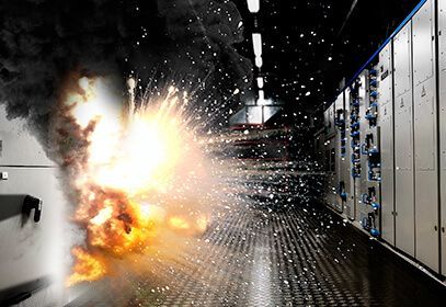 A massive electrical arc flash and explosion erupt inside a narrow room lined with large industrial electrical cabinets.