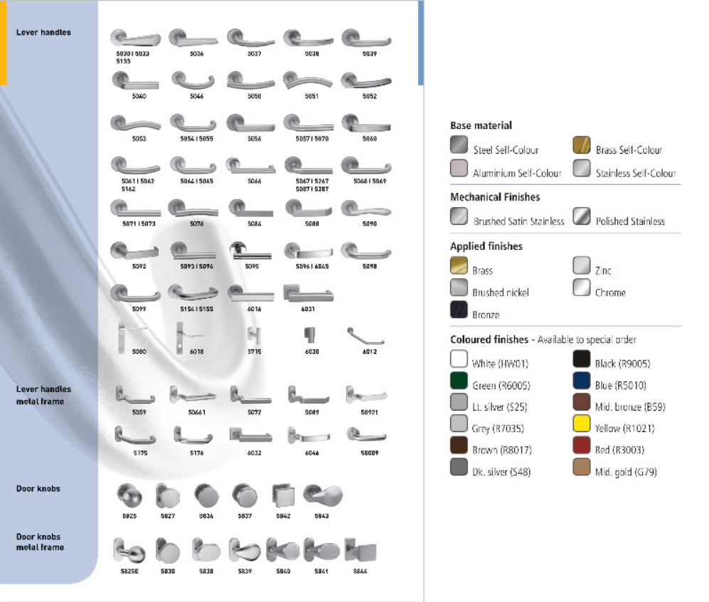 Product catalog page showing a grid of various door handle designs and a color/finish legend.