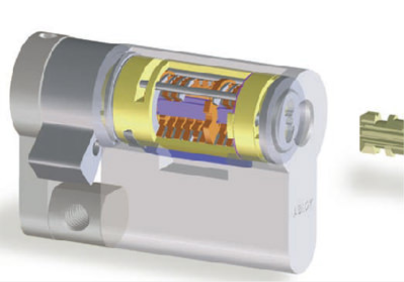 A cutaway view of a cylindrical door lock mechanism with internal tumblers shown in yellow and orange, and a metal key.