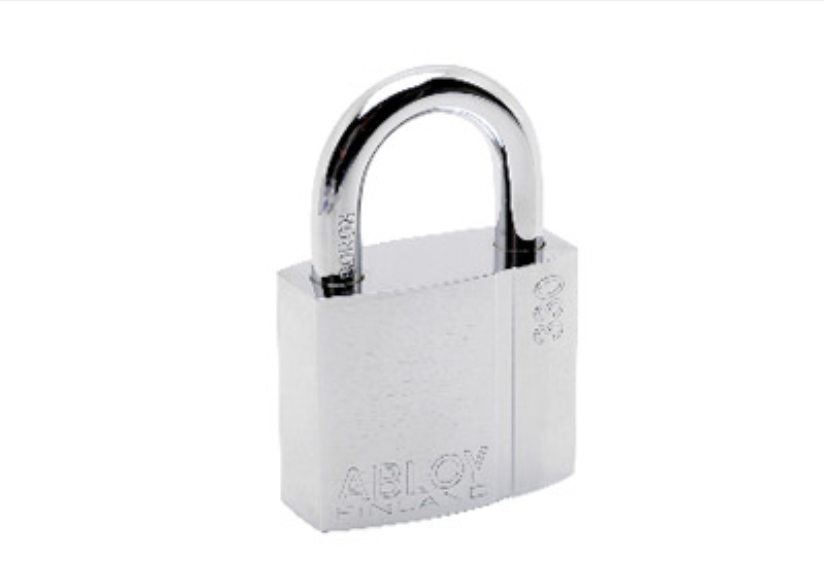 A silver-colored Abloy 330 padlock with a metal shackle, viewed from the front against a white background.