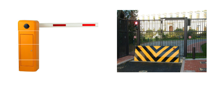 An orange barrier gate arm on the left and a yellow and black striped vehicle road blocker in a driveway on the right.