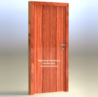 A vertical, rectangular wooden door with a reddish-brown grain and a simple metal handle, framed by matching hardwood.