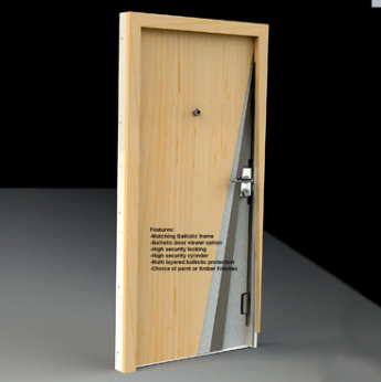 A cutaway view of a wood-finish security door showing metal structural layers, with a list of technical features.