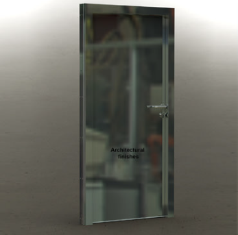A modern, reflective glass door with a metal frame, featuring the text