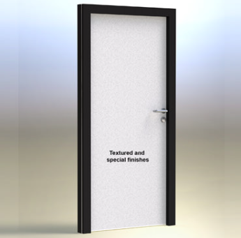 A white door with a textured finish and a black frame, featuring a silver lever handle.