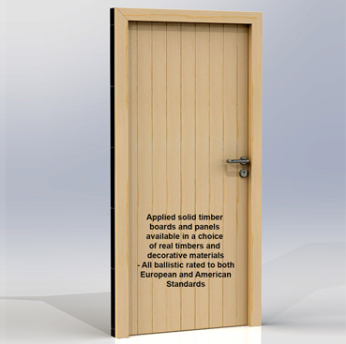 A vertical wooden door with text noting it has ballistic-rated solid timber panels available in various materials.