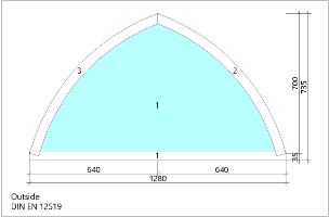 Technical drawing of an arched window frame with dimensions in millimeters.