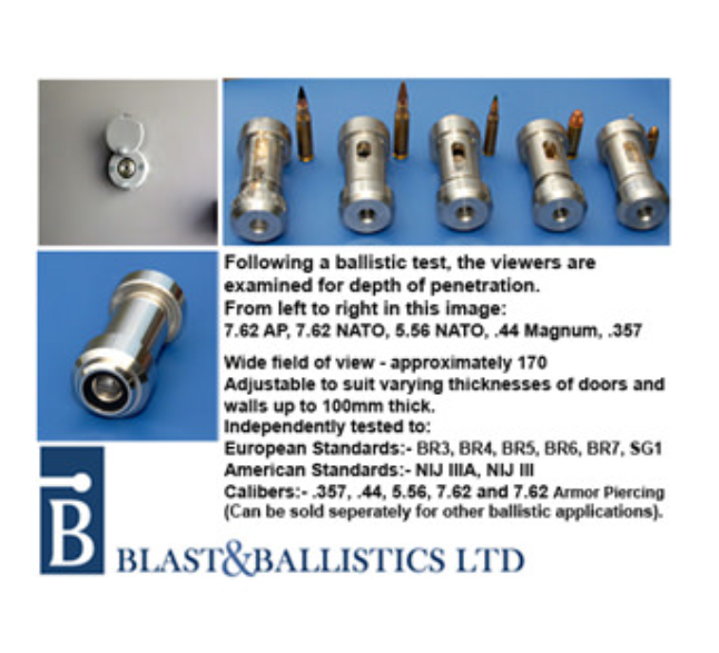 Product sheet showing ballistic-tested peepholes with their corresponding test calibers, standards, and specifications.
