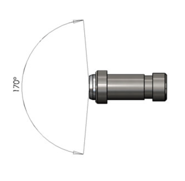 A metallic cylindrical component shown next to an arc indicating a 170-degree range of motion or field of view.