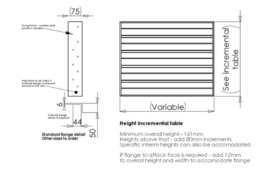 Technical diagram for a louvered vent, including flange details, variable dimensions, and a height incremental table.
