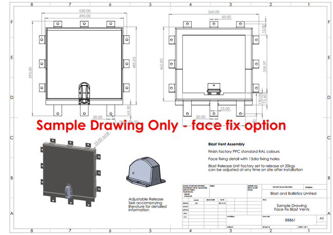 Technical drawing of a dial vent assembly, showing front and back views with dimensions and a face fix option.