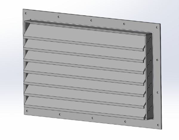 A rectangular, grey metal wall louver vent with horizontal slats and a mounting flange with screw holes.