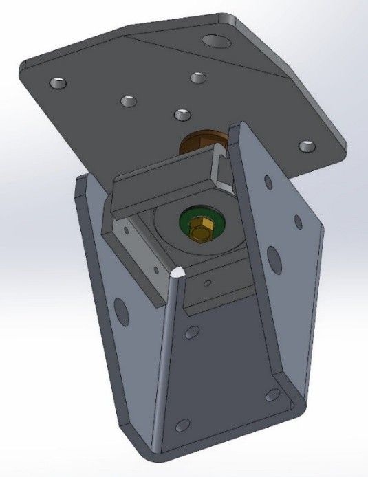 A gray mechanical bracket assembly featuring a central rotating pivot component connected to a flat, mounting base plate.