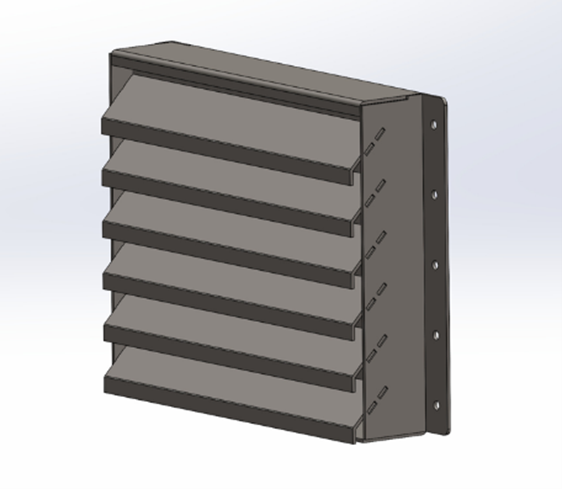 A metal air vent or louver with horizontal slats mounted on a frame with side screw holes, presented as a 3D model.