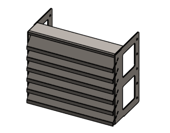 A gray, metallic louvered vent panel with side-mounted flanges featuring bolt holes for installation.