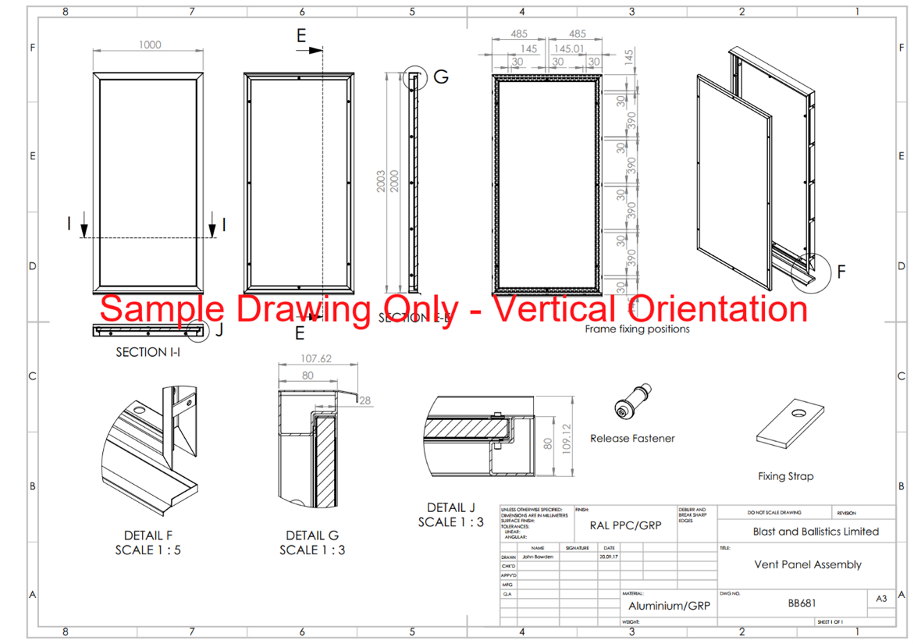 Technical engineering drawing showing a vertical panel frame assembly, cross-sections, and component mounting details.