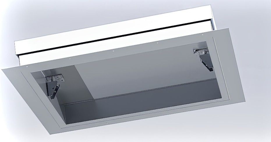A 3D CAD rendering of a white, rectangular ceiling access panel with a wide frame and metal mounting brackets.