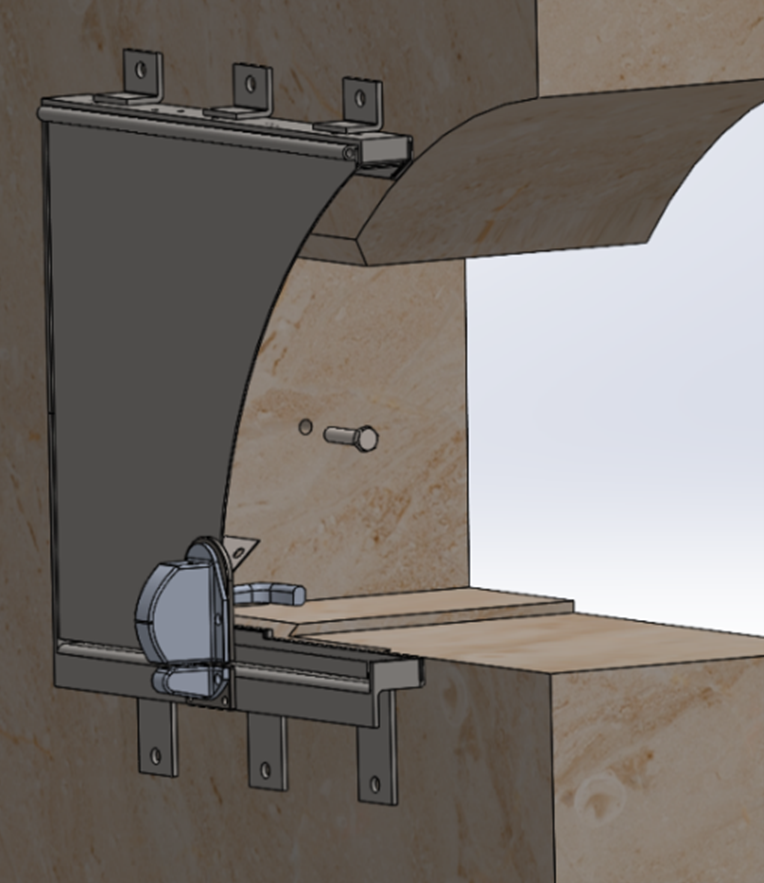 A 3D CAD model of a metal bracket attached to a wooden beam with a mechanical locking mechanism on the bottom rail.