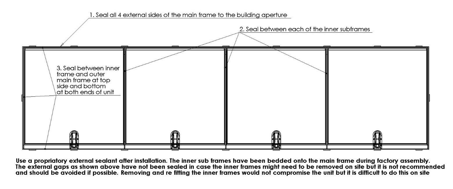A technical diagram shows a four-section frame assembly with arrows pointing to fasteners, joints, and spacing requirements.