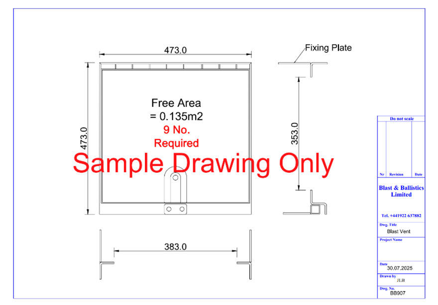 Technical engineering drawing of a vent component showing dimensions, a 0.135m2 free area, and mounting details.