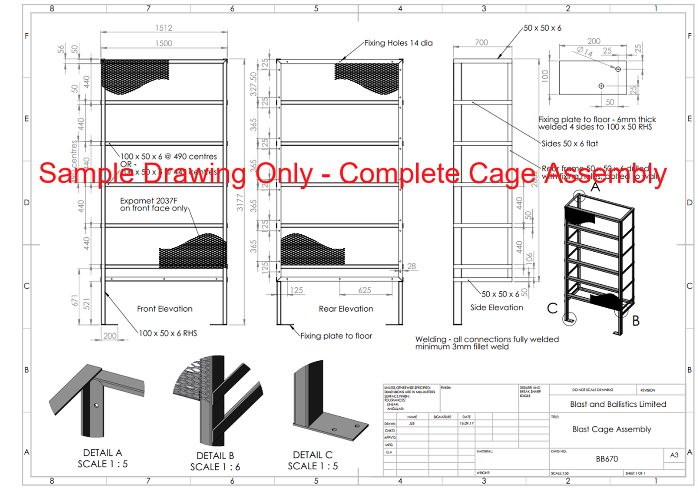 Technical drawing of a metal cage assembly with multiple views, dimensions, and structural details.