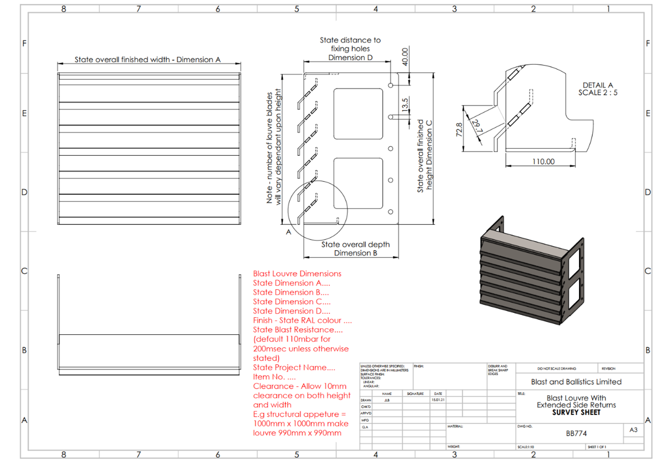 Technical drawing of a louvered metal panel, including dimensions, detailed sectional views, and an isometric model view.
