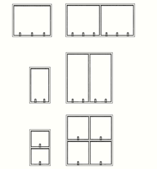 Line drawings of six different window configurations arranged in two columns of varying sizes and divisions.