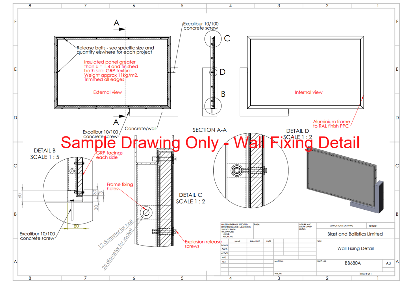 Technical drawing showing the installation and wall-fixing details for a rectangular panel or screen assembly.