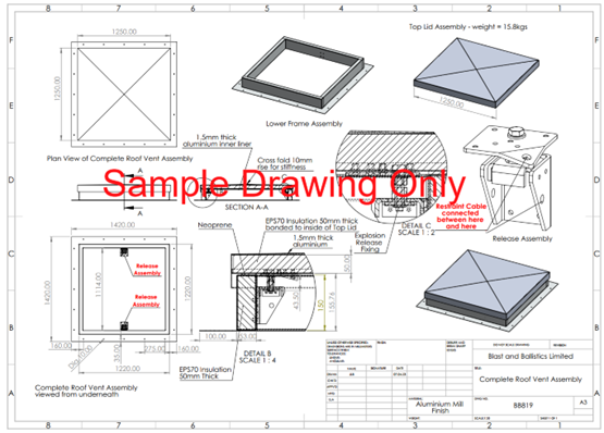 Engineering drawing showing assembly diagrams and dimensions for a roof hatch with components labeled.