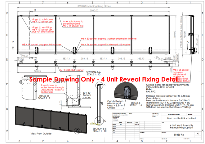 Technical drawing of a 4-unit reveal fixing assembly, showing elevations, sections, and structural installation details.
