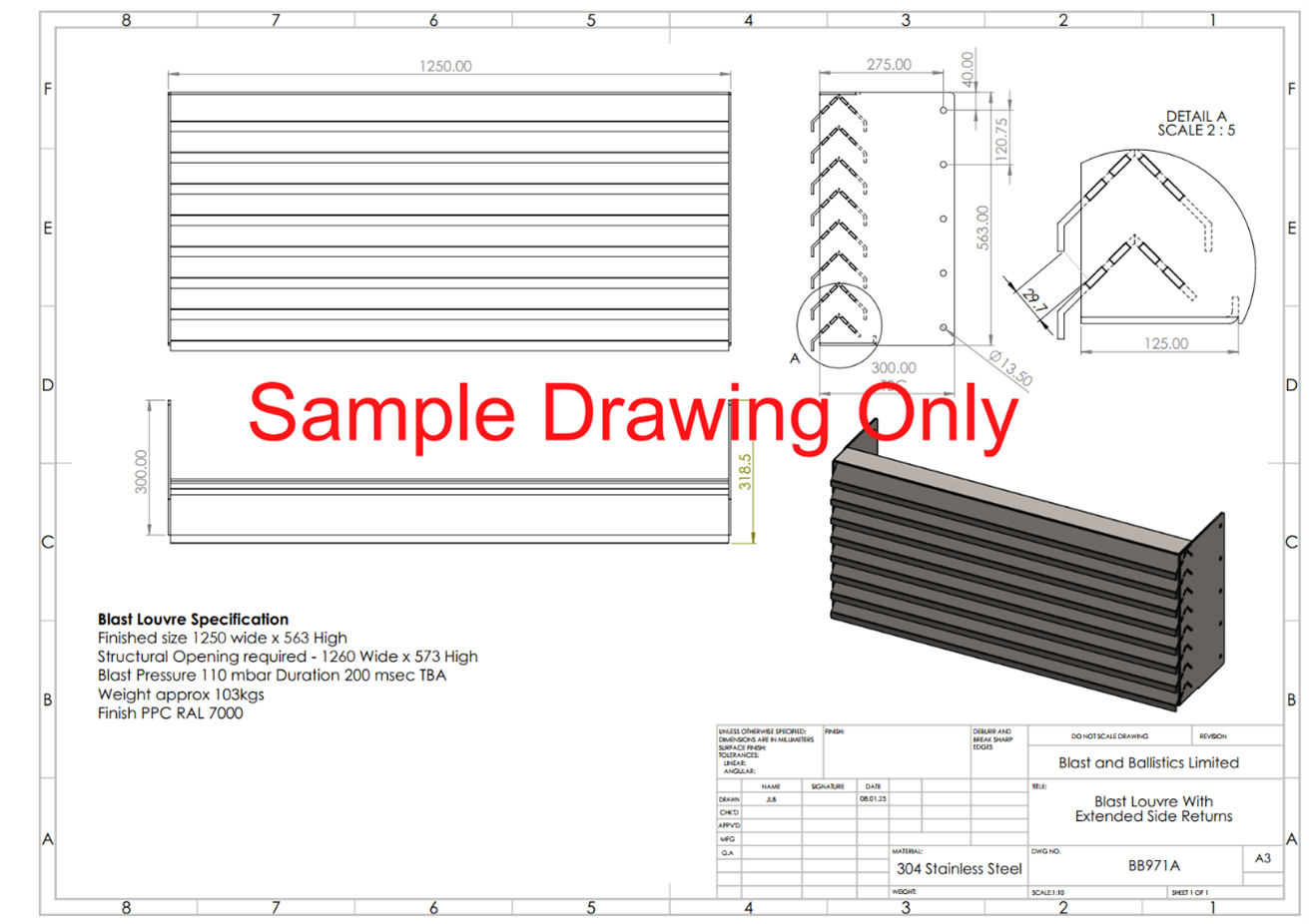 Engineering technical drawing of a metal louvered wall panel with dimensions, top, side, and isometric views.