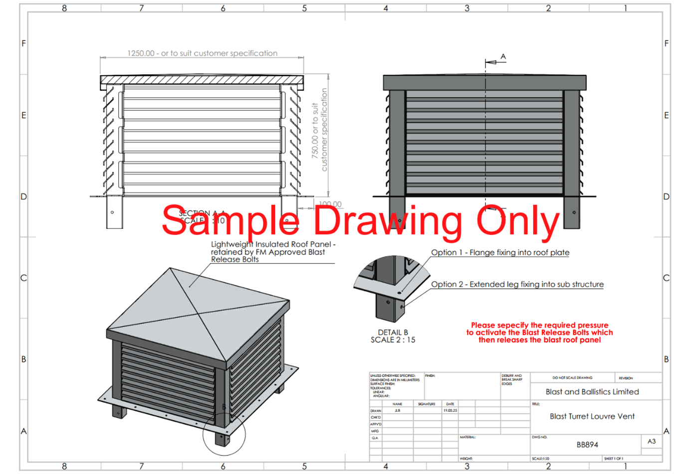 Technical drawing of a louvered mechanical screen enclosure with top view, cross-section, and assembly detail.