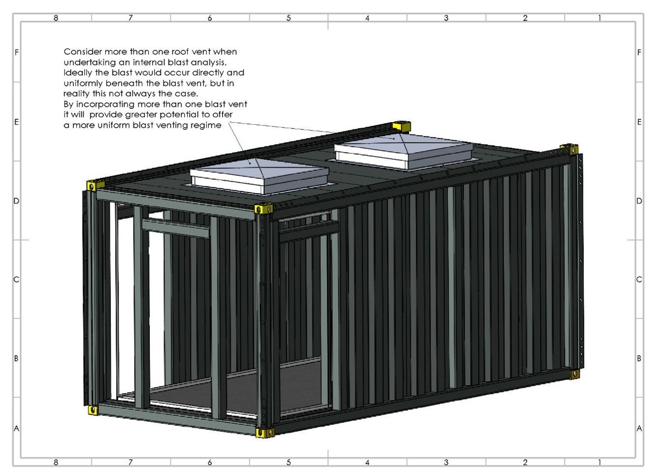 A 3D CAD drawing of a shipping container frame with two roof vents, including text notes about vent placement and bracing.