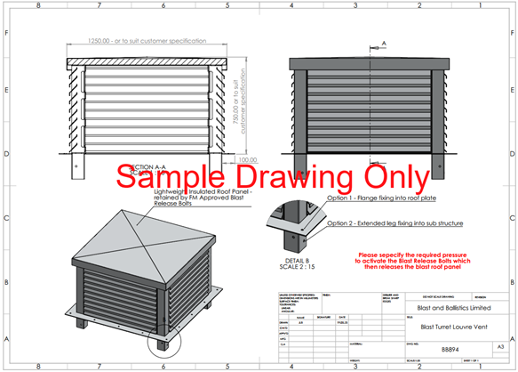 Technical engineering drawing of a blast tunnel louvre vent showing elevations, an isometric view, and installation details.