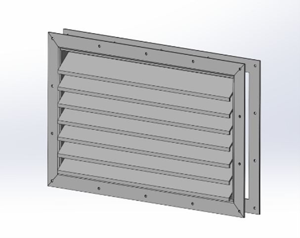A rectangular metal louvered vent with a flanged mounting frame, rendered in a neutral gray industrial design.