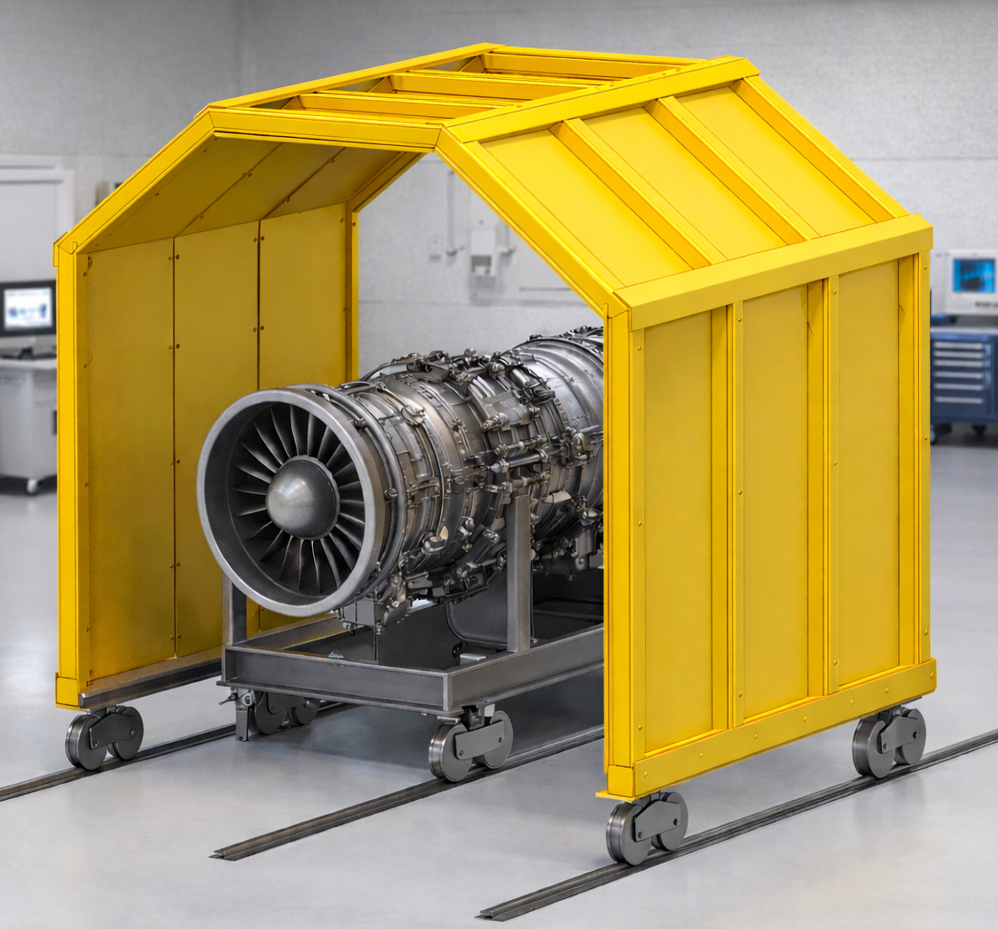 A large, yellow, gantry-style protective cover on wheels positioned over a jet engine in a workshop setting.